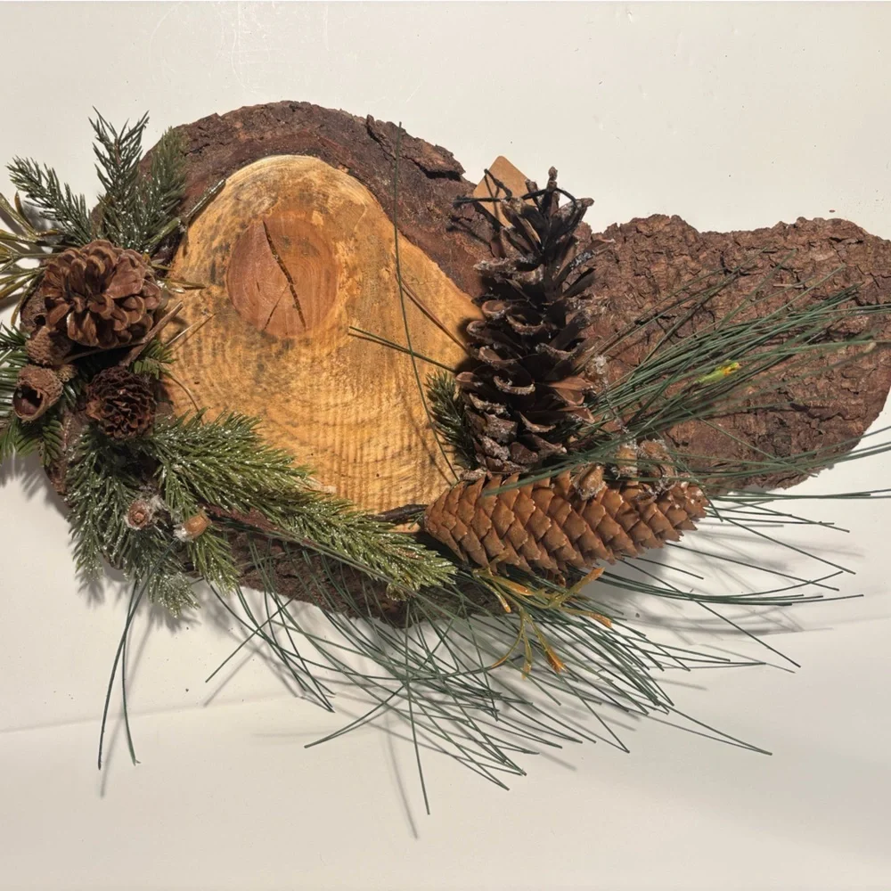 Rustic Live Wood Edge Holiday Log Candleholder with Woodsy Greens and Pinecones